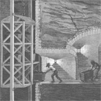 Grabado de dos mineros dentro de una mina empujando carretillas hasta un ascensor.