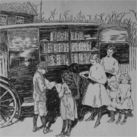 Imagen de una biblioteca ambulante con niños y niñas a su alrededor.