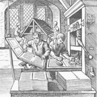 A typesetter and inker at work on a printing press