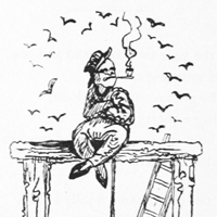 Boceto de un hombre sentado fumando una pipa y pájaros alrededor