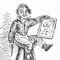 Grabado en blanco y negro de un niño sentado en un taburete sujetando un dibujo de una persona con una espada.