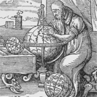 An old man consulting a large globe with a compass