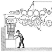 A figure working at a machine with gear diagrams