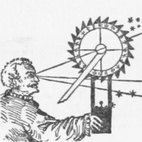 A man peers through a geometric tool