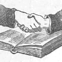Drawing of a handshake above an open book.