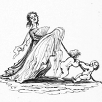 Uma mulher usando um vestido elaborado acompanhada por duas crianças