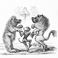 A monkey dancing with a lion and a bear
