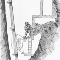 Grabado en blanco y negro de un minero trabajando sobre una plataforma adentro de una mina.