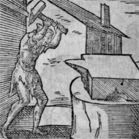 A man striking an anvil with a large hammer