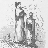 A woman throwing letters near a mailbox