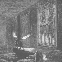Men with torches in an antique tomb