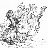 Tres hombres tocando instrumentos musicales