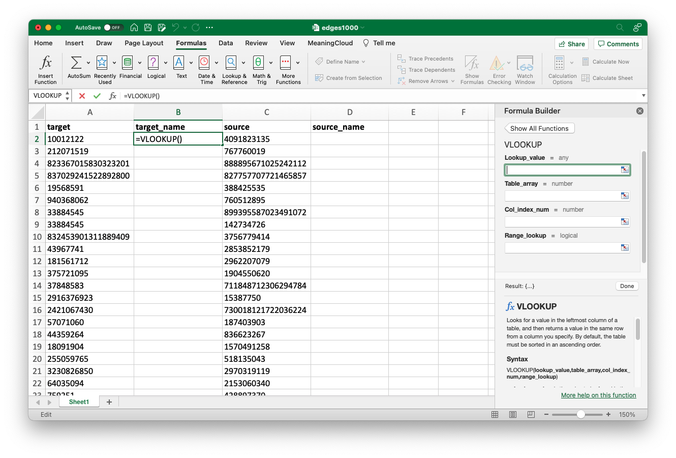 The VLOOKUP formula builder provides fields for input values.
