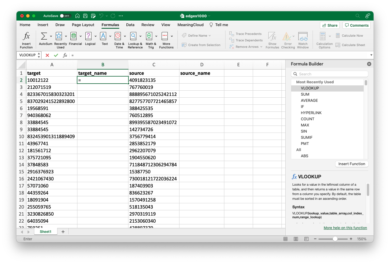 Search for VLOOKUP on the "Formulas" tab.