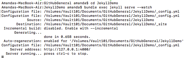 The command line after entering the command to start serving your Jekyll website