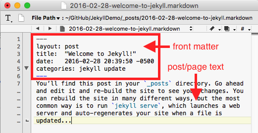 An example Jekyll website blog post file opened in a text editor
