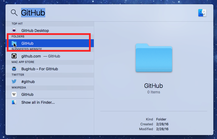 After searching for 'GitHub', a “GitHub” option appears under the 'Folders' heading; double-click 'GitHub' to reveal the GitHub folder in Finder