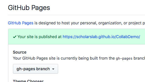 Screenshot showing how to check the name of the repository branch that publishes to GitHub Pages
