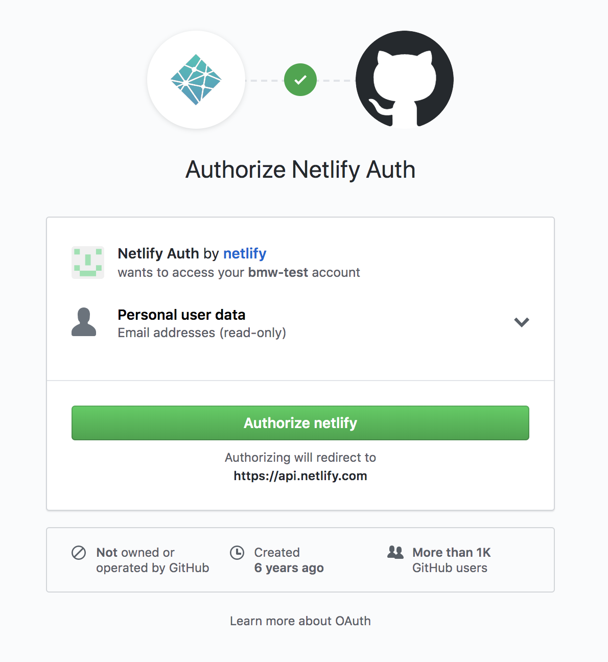 Screenshot of authorization pop up for Netlify