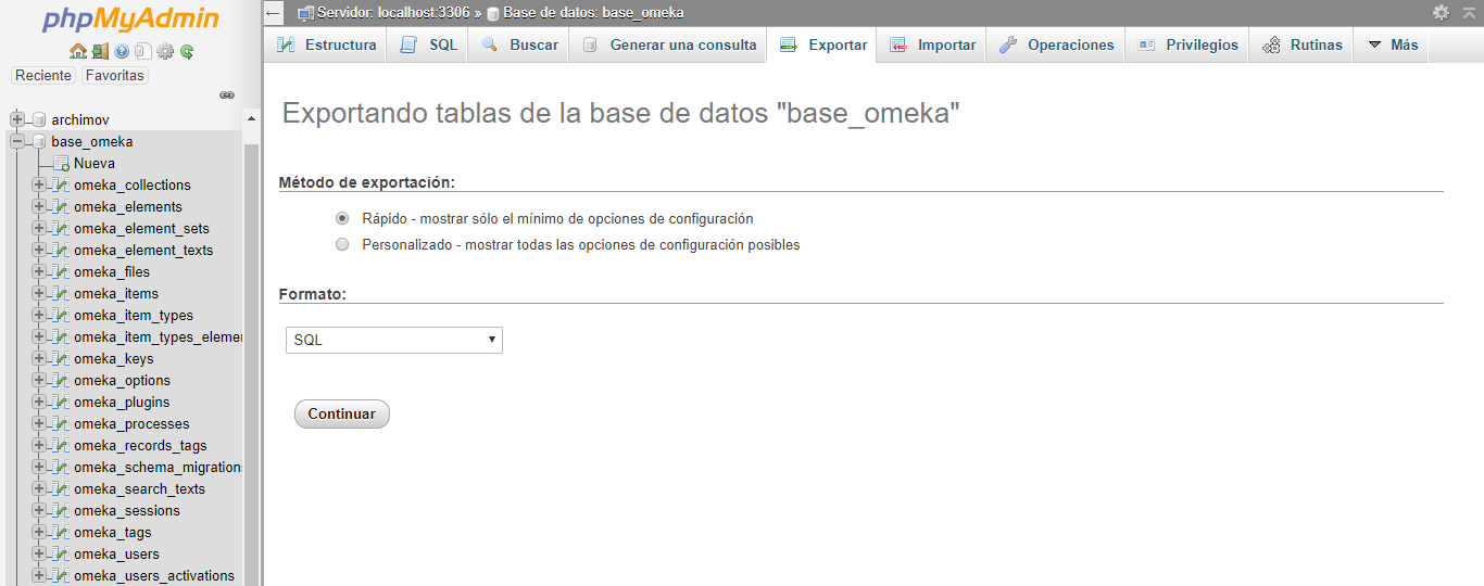 Exportar tablas de la base de datos de Omeka