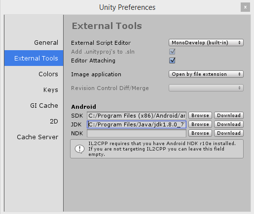 Connect the Android SDK Tools and the Java Development Kit to your Unity project.