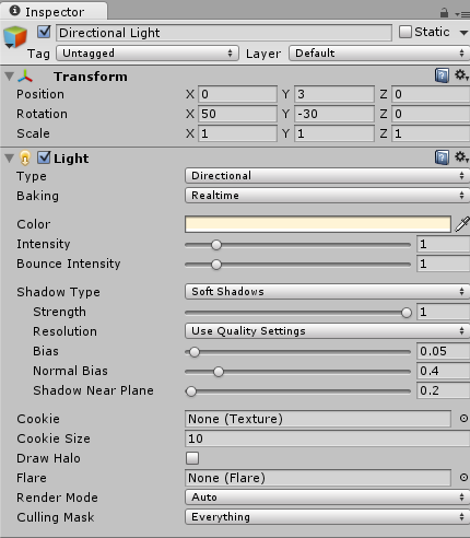 Use the inspector panel to modify the components of individual game objects.