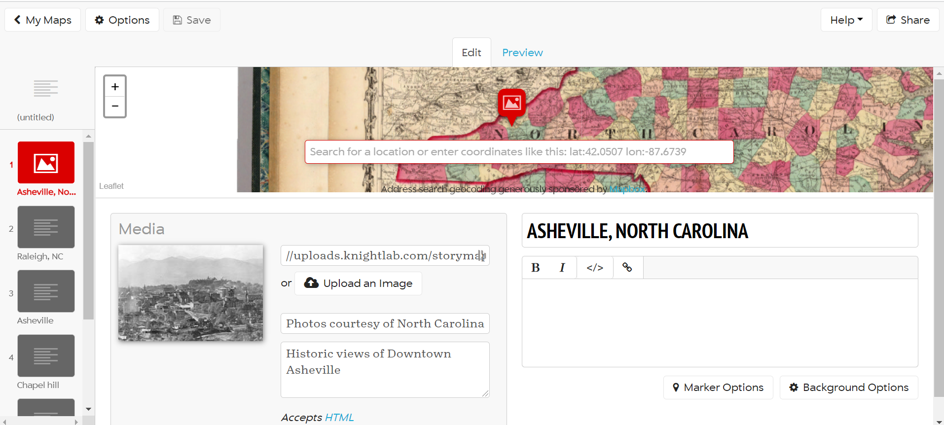 The StoryMap JS builder allows you to upload images, including captions and credit.