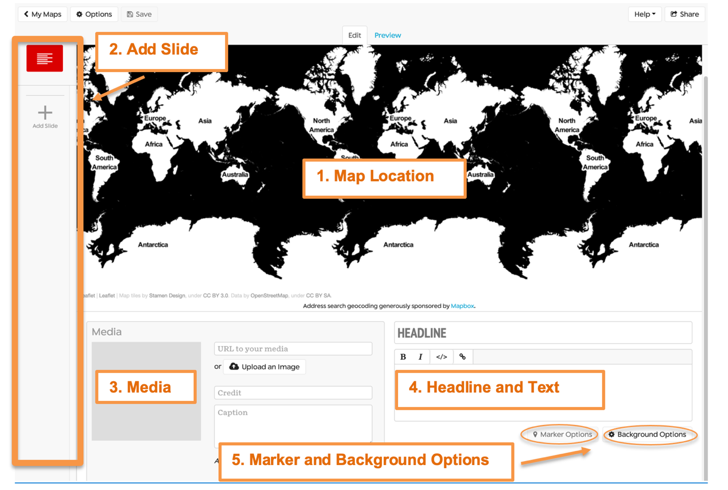 Overview of StoryMap JS's authoring tool interface.