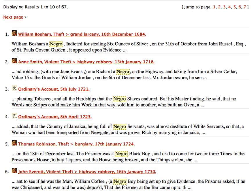 Search results for 'negro' in the Old Bailey Online