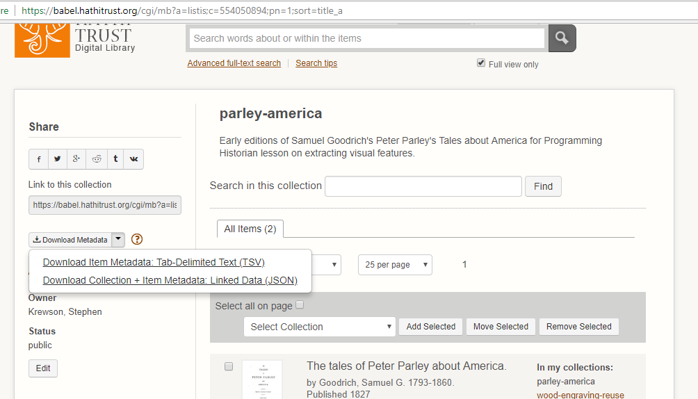 Screenshot of how to download collection metadata in JSON format.
