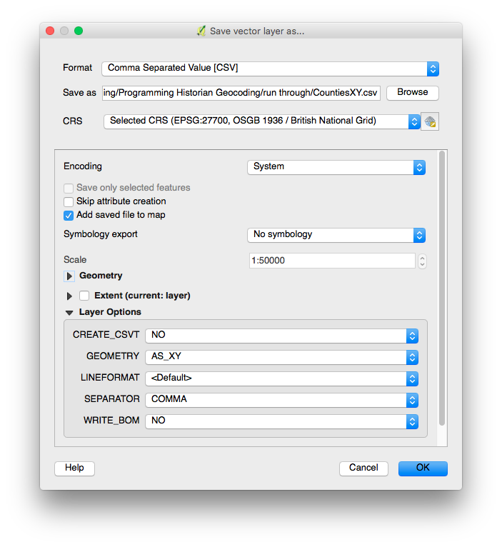 Figure 5: The save vector layer as dialog configured for CSV gazetteer export
