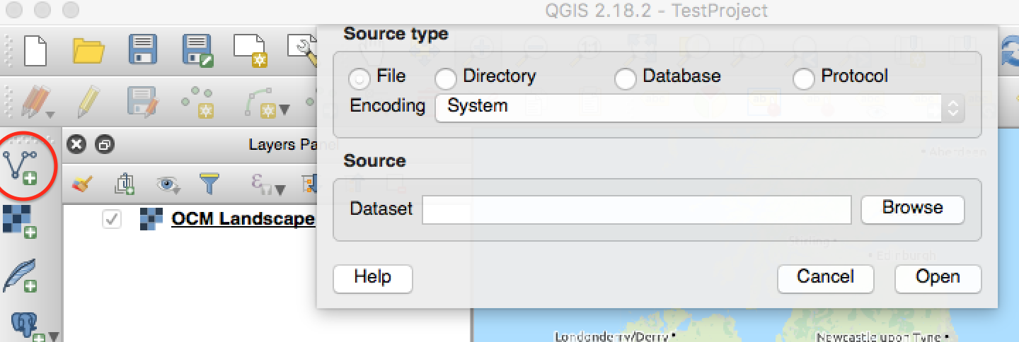 Figure 1: The QGIS Add Vector window on MacOS (the Add Vector button is circled on the left hand toolbar)