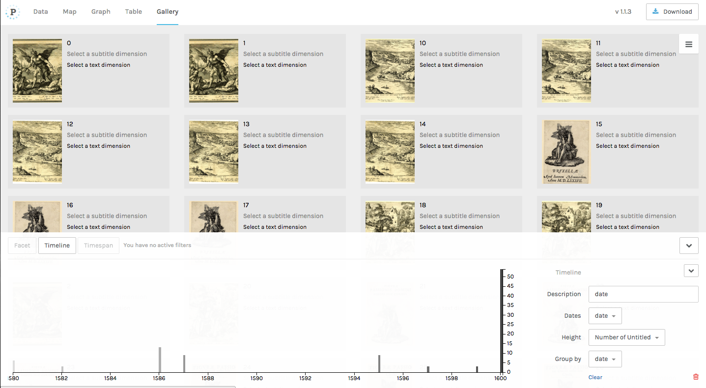 A gallery of images with a timeline of their creation dates generated using Palladio.