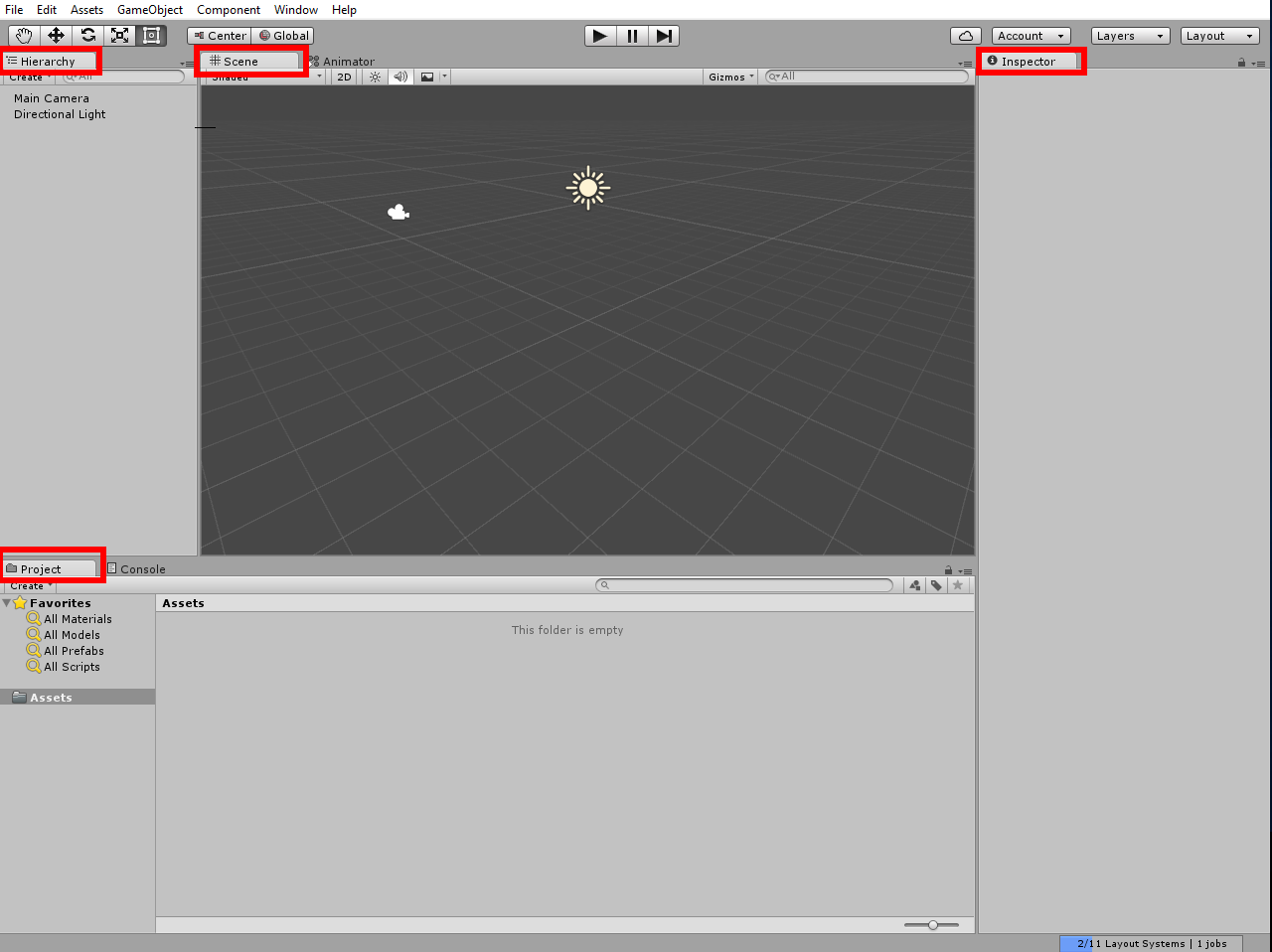 Default layout of the Unity interface.