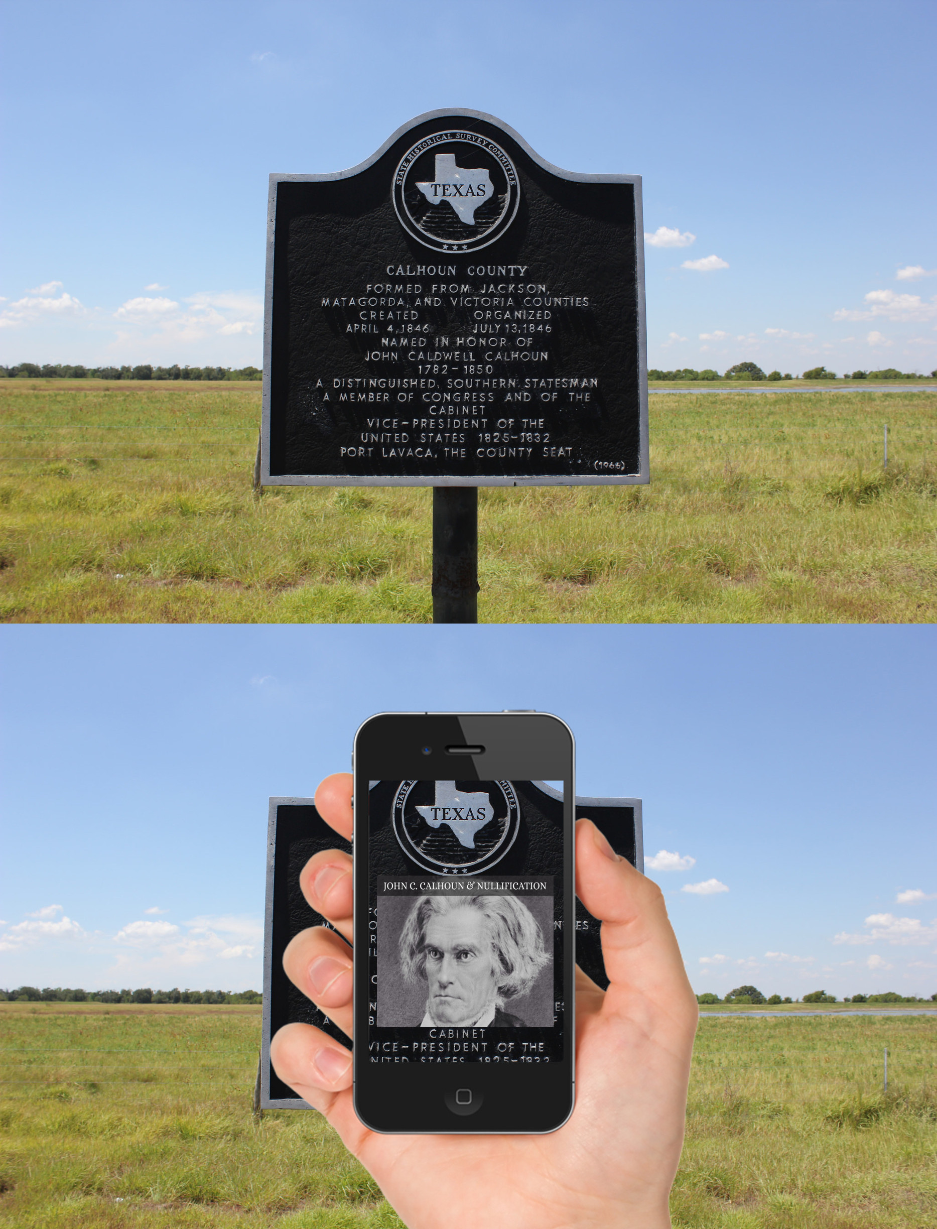 Augmented reality can be used to overlay digital information onto existing texts such as historical markers. This modified image is based on a photograph by Nicholas Henderson.
