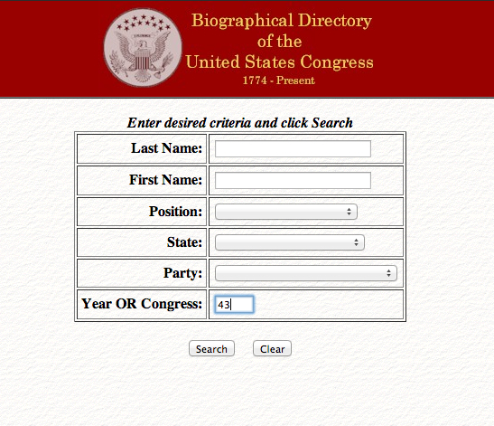 Figure 1: BioGuide Interface Search for 43rd Congress