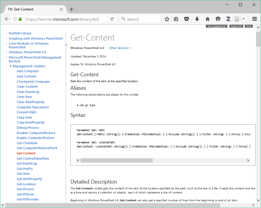 The online help page for `Get-Content`