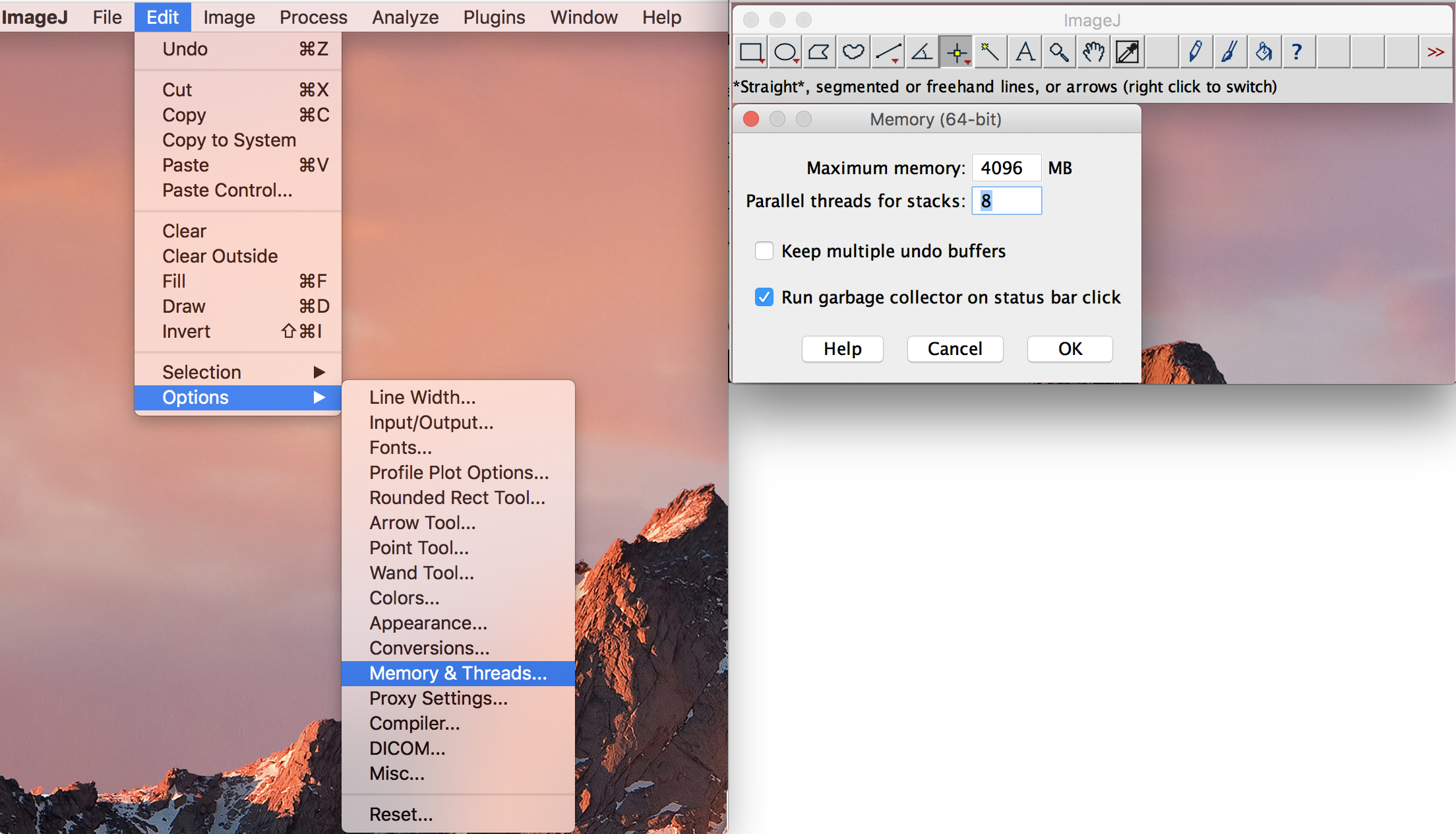 captura de menú de ImagePlot para modificar la memoria RAM y el número de CPU