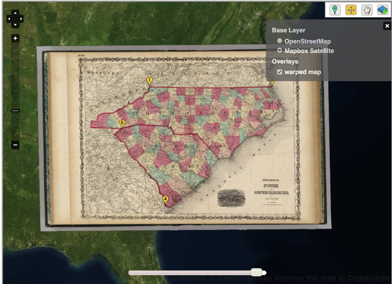 Screenshot of Map Warper's interface, with the scanned historical map of North Carolina and South Carolina overlaid onto a contemporary 'base layer' map of the same geographical region, at the same scale. At the upper left, there is a four-way navigation tool, and a slider-style zoom tool. At the upper right, there are icons including a marker point, a hand, and a four-way navigation arrow. A semi-opaque, information panel at upper right indicates that the base layer originates from Mapbox Satellite and the overlay is a warped map.