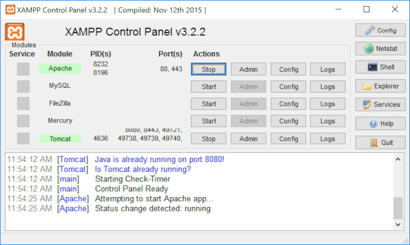 Click Start button for Apache LModule, and it is started (User interface may look a bit different depending on your OS)