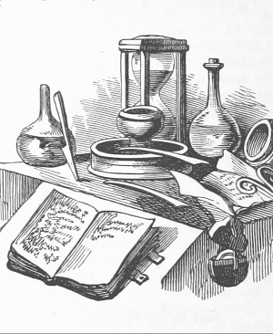 Um livro, uma ampulheta e vários objetos numa mesa.
