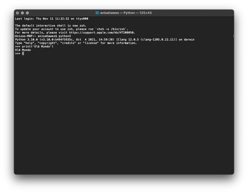 Olá Mundo em Python no Terminal do Mac