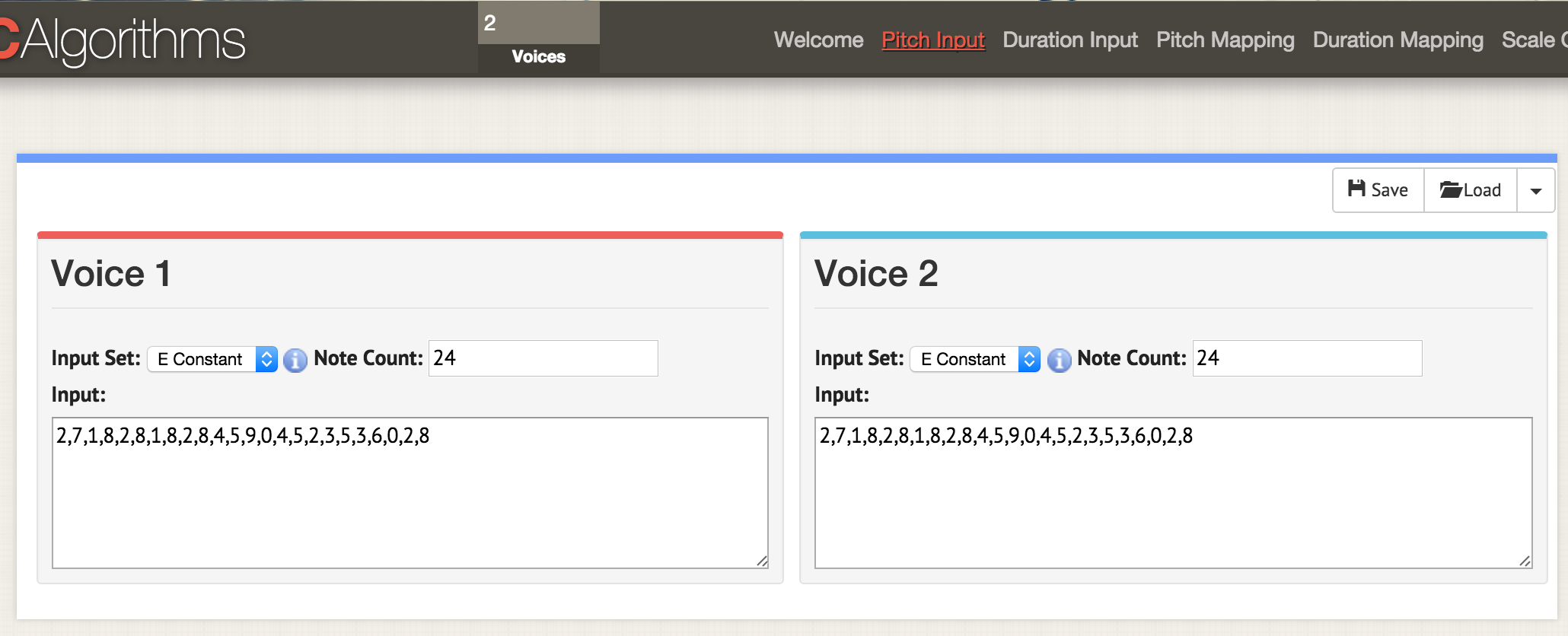 Put 2 into the voices box at the top of the interface. When you then go to any of the option pages - here, we're at 'pitch input' - two displays open up to show you the data for two voices. Load your csv data as before, but have your csv formatted to have 'areaPitch1' and 'areaPitch2' as described in the main text. The data for voice one will appear on the left, and for voice two on the right.