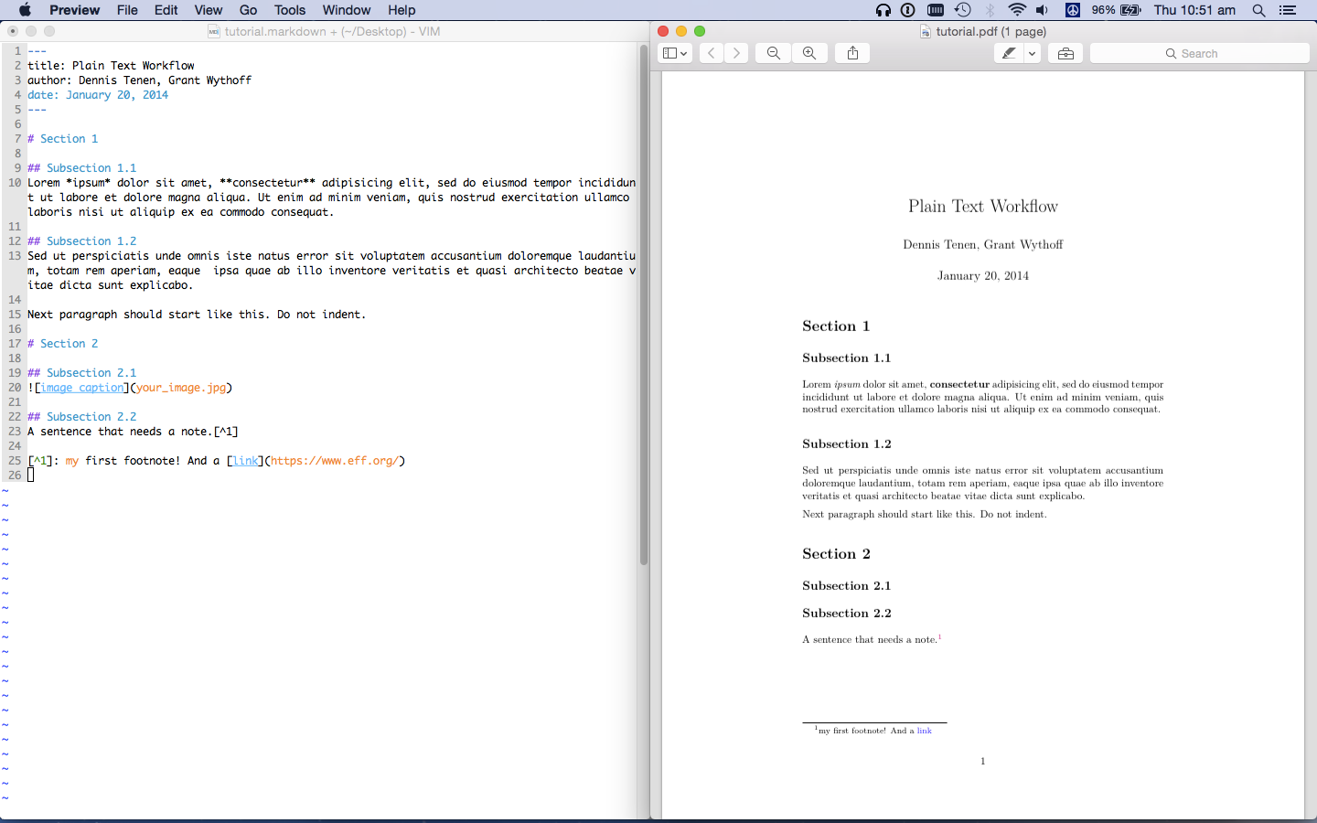 Screen shot of PDF rendered by Pandoc