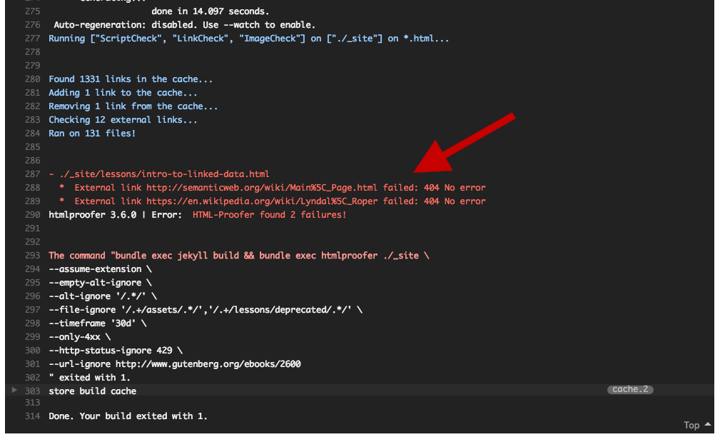 Locating error details in Travis CI build results