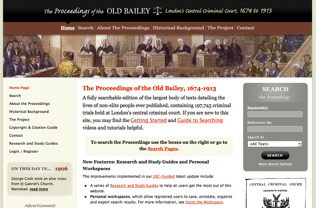 A homepage do site The Old Bailey Online