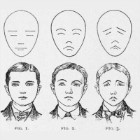 Engraving of three faces expressing different emotions