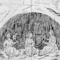 Recorte de dibujo a pluma de la escenografía usada en la representación de la comedia 'La fiera, el rayo y la piedra' de Pedro Calderón de la Barca en 1690 que representa a las tres parcas tejiendo su hilo en una cueva.