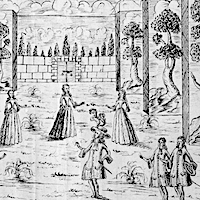 Recorte de dibujo a pluma de la escenografía usada en la representación de la comedia 'La fiera, el rayo y la piedra' de Pedro Calderón de la Barca en 1690, en el que se puede ver a varios personajes interactuando en escena.