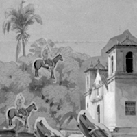 Imagen en blanco y negro que muestra un collage generado con esta lección y que incluye la imagen de un paisaje, una iglesia y dos vaqueros